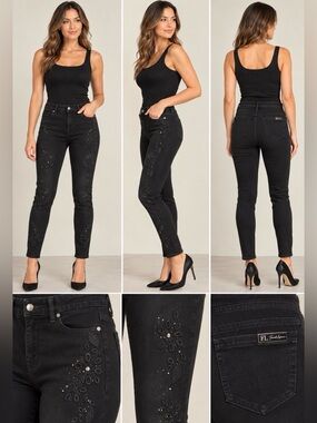Frank Lyman Black Embroidered embellished Skinny Jeans XS